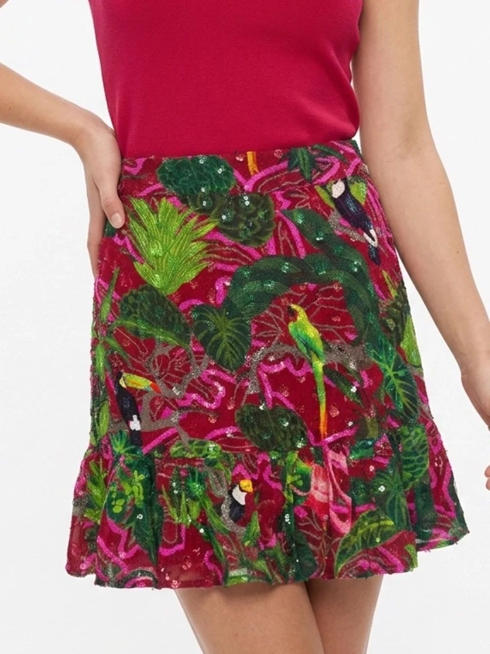 JUST BELLINA | NEW Vibrant Fuchsia Tropical Print Mini Skirt Women’s Size S & M